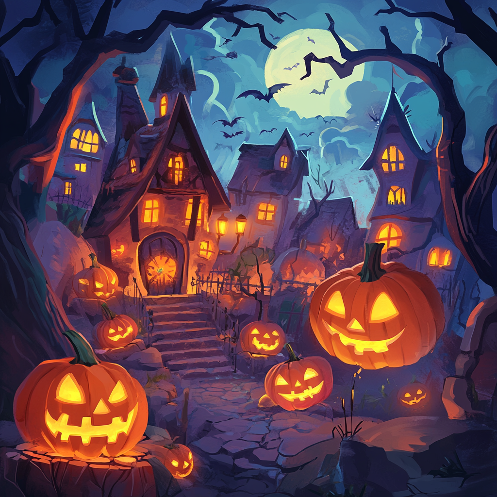 A cartoon image representing the origin of Halloween with carved pumpkins in the foreground and a town in the background