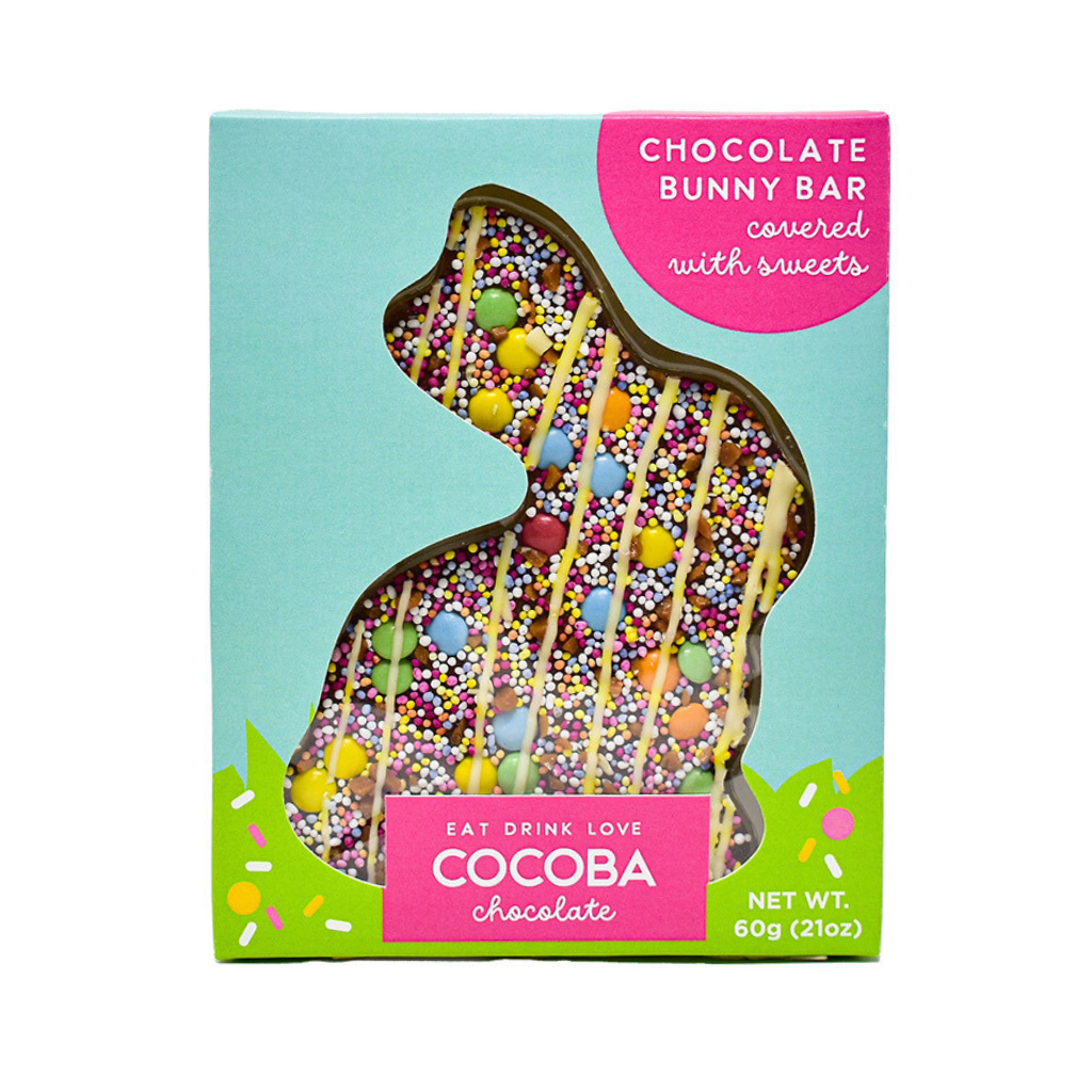 Loaded Bunny Chocolate Bar topped with sprinkles, candy beans and white chocolate drizzle