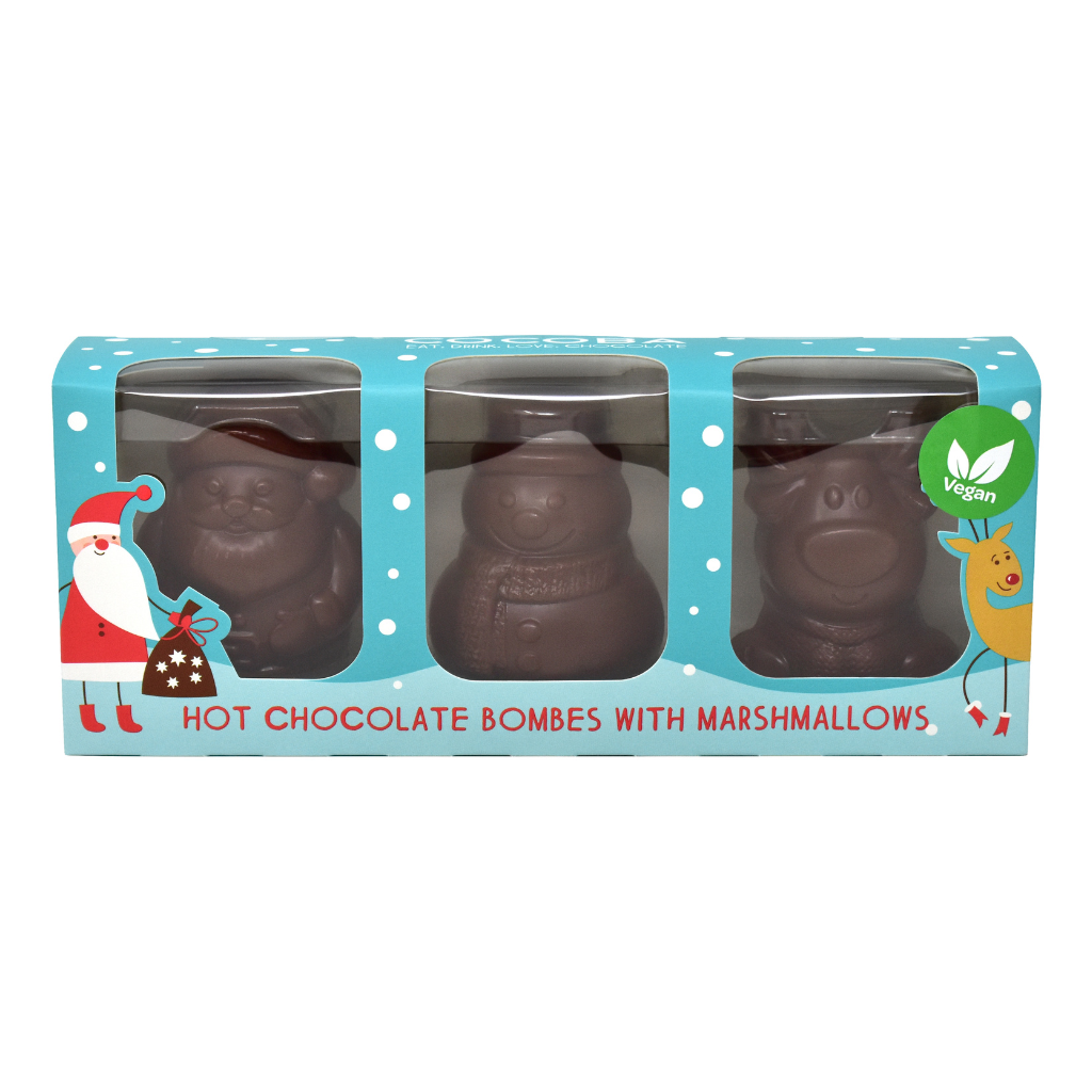 Vegan Christmas Character Hot Chocolate Bombes with Vegan Mini Marshmallows